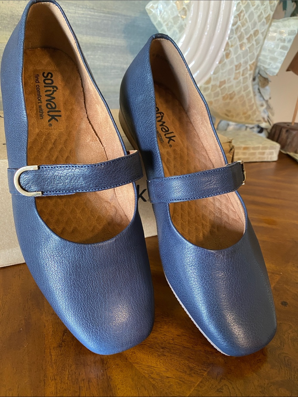 SoftWalk Navy Mary Jane Flat with Gold Accent Buckle